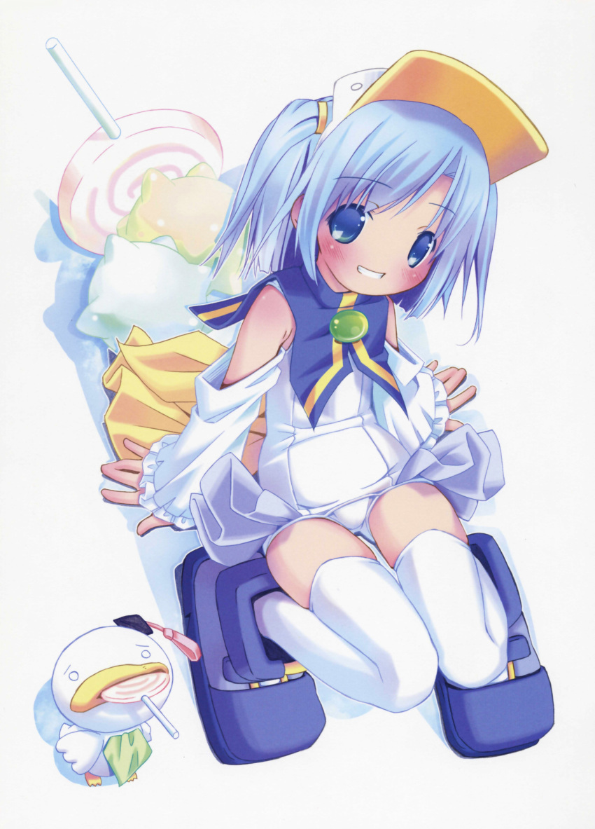 00s 1girl absurdres ah-kun bird blue_eyes blue_hair blush candy duck food hat highres lollipop looking_up moetan official_art pastel_ink pop red_hair sitting smile