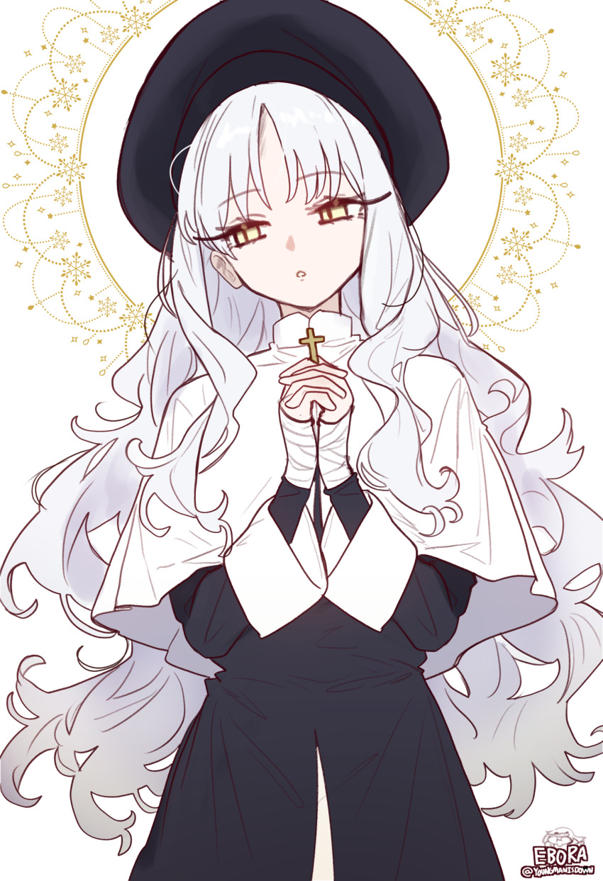 1girl beret black_dress breasts capelet caren_hortensia cross dress ebora fate/hollow_ataraxia fate_(series) hat highres interlocked_fingers latin_cross long_hair long_sleeves looking_to_the_side medium_breasts nun own_hands_clasped own_hands_together solo upper_body wavy_hair white_capelet white_hair yellow_eyes