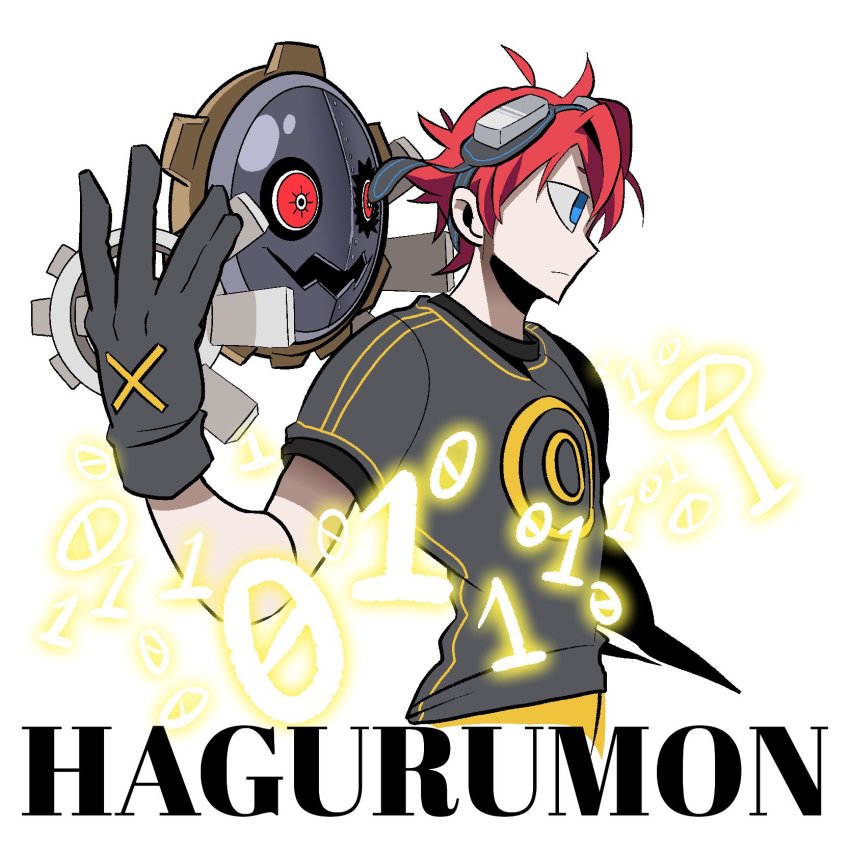 aiba_takumi blue_eyes digimon gear gloves hagurumon highres red_eyes red_hair