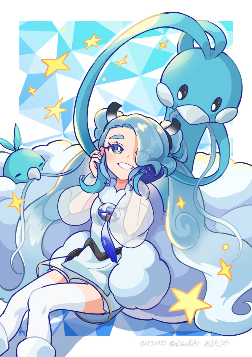 1girl altaria arutarika_(ri_kaoekaki) blue_gloves blue_hair double_bun flying_miku_(project_voltage) gen_3_pokemon gloves gradient_hair hair_bun hair_over_one_eye hatsune_miku highres multicolored_eyes multicolored_hair nintendo pokemon pokemon_(creature) project_voltage see-through_clothes see-through_shorts see-through_sleeves shorts shorts_under_shorts single_glove sitting smile star_(symbol) swablu vocaloid wind_chime
