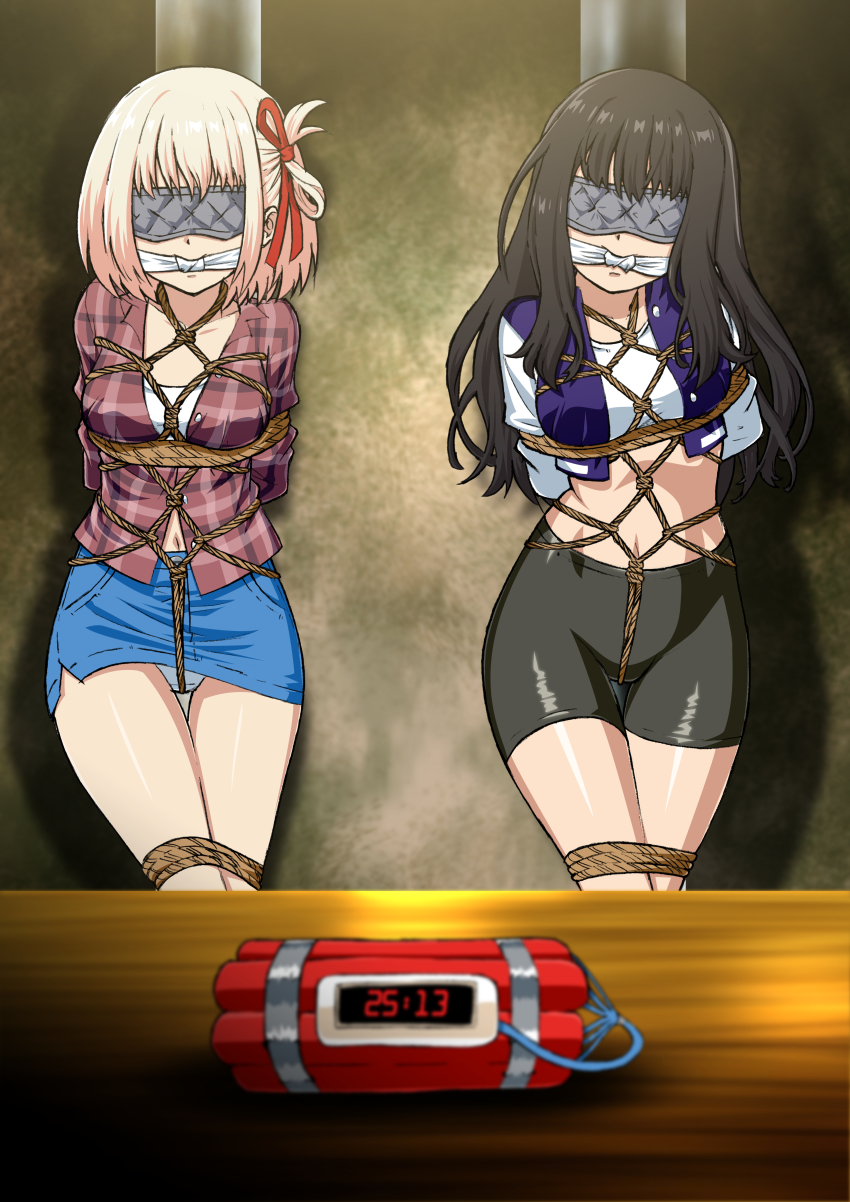 2girls absurdres bdsm black_hair blindfold bomb bondage bound bound_arms bound_legs breasts cleave_gag cloth_gag collarbone daikinbakuju denim denim_skirt dynamite explosive gag gagged gluteal_fold highres improvised_gag inoue_takina karada lycoris_recoil multiple_girls nishikigi_chisato panties pantyshot pink_hair scared skirt time_bomb underwear