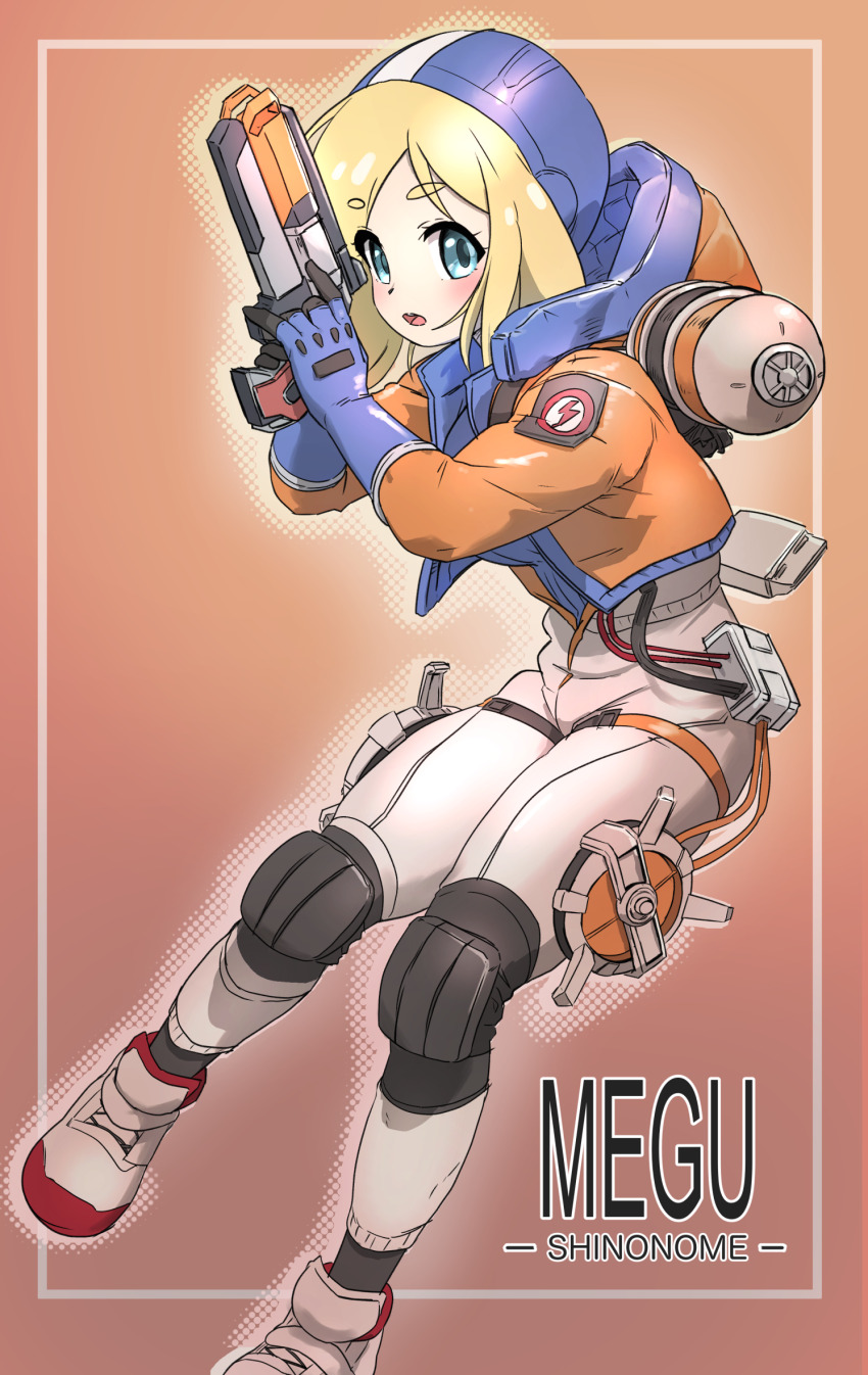 1girl apex_legends b3_wingman blonde_hair blue_bodysuit blue_eyes blush bodysuit breasts character_name cosplay gun guranoootsu handgun highres holding holding_gun holding_weapon hood hood_down hood_up hooded_bodysuit hooded_jacket indie_virtual_youtuber invisible_chair jacket knee_pads looking_at_viewer medium_breasts open_mouth orange_jacket revolver ribbed_bodysuit shinonome_megu sitting solo virtual_youtuber wattson_(apex_legends) wattson_(apex_legends)_(cosplay) weapon white_bodysuit white_footwear