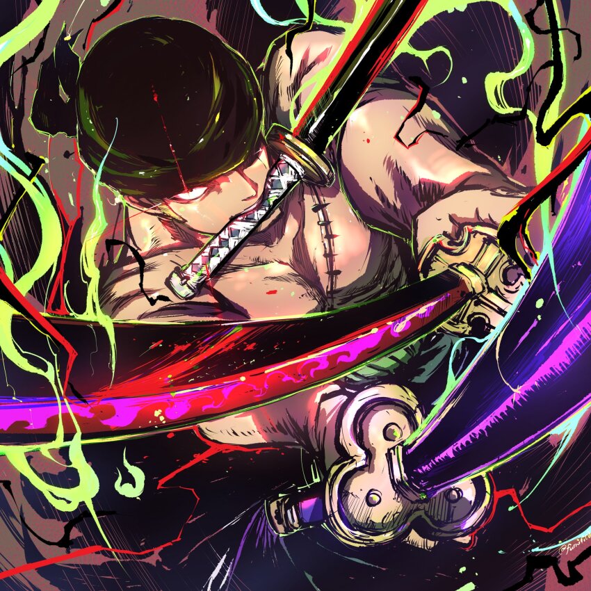 1boy aura bandana glowing glowing_eyes green_bandana green_hair haki_(one_piece) highres holding holding_sword holding_weapon illustica_phantom katana male_focus mouth_hold one_piece red_eyes roronoa_zoro scar scar_on_chest short_hair solo sword topless_male triple_wielding weapon