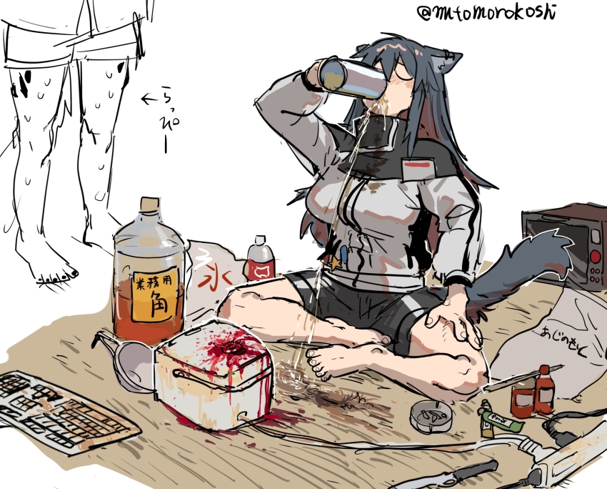 2girls alcohol animal_ears arknights ashtray barefoot black_hair black_shorts blood blood_splatter bottle breasts colored_inner_hair computer_keyboard cup dirty dirty_clothes drinking drunk full_body grey_jacket hand_on_own_thigh hand_up head_back highres holding holding_cup indian_style jacket jug_(bottle) lappland_(arknights) large_breasts long_hair material_growth messy microwave multicolored_hair multiple_girls mutomorokoshi nervous_sweating oripathy_lesion_(arknights) partially_colored power_cord power_strip red_hair rice_cooker short_shorts shorts simple_background sitting spilling standing sweat tail texas_(arknights) twitter_username wolf_ears wolf_girl wolf_tail