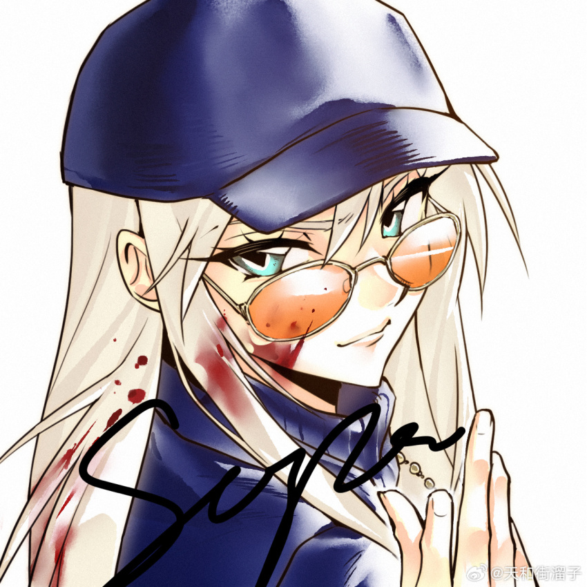 15_acheng 1990s_(style) 1girl blonde_hair blue_eyes glasses hat long_hair original retro_artstyle smile solo