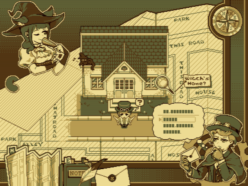 2girls ? animal_ear_fluff animal_ears animal_hat arrow_(symbol) ascot black_bridal_gauntlets boater_hat bookmark border bridal_gauntlets buttons capelet cat cat_ears cat_hat cat_tail chibi closed_mouth collared_shirt compass compass_rose corset cropped_torso dashuizzz dialogue_options dithering eighth_note english_text eyewear_on_headwear fake_screenshot flipped_hair gameplay_mechanics garden gears gloves goggles hair_over_shoulder hanayagi_kaoruko hand_fan hand_on_own_arm hand_on_own_chin hand_rest hand_up hat highres holding holding_fan holding_letter house image_in_thought_bubble isurugi_futaba jacket letter limited_palette long_sleeves magnifying_glass map map_(object) medium_hair monochrome multiple_girls multiple_views musical_note notebook one_eye_closed ornate_border outline pixel_art puffy_short_sleeves puffy_sleeves quill raised_eyebrows road scanlines sepia shirt short_hair short_sleeves shoujo_kageki_revue_starlight sidelocks sideways_glance sign smile speech_bubble spoken_musical_note spoken_question_mark street tail thinking thought_bubble wavy_hair white_outline witch_hat