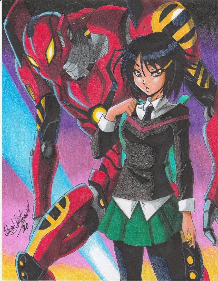 1girl 1other bag black_pantyhose colored_pencil_(medium) green_skirt hair_ornament hairclip highres marvel mecha pantyhose peni_parker ravernclouk_design robot school_bag school_uniform short_hair signature size_difference skirt sp//dr spider-man_(series) spider-verse spider-verse_(comics) traditional_media