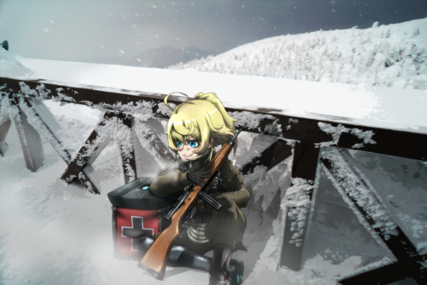 1girl ahoge black_gloves blonde_hair blue_eyes cross genya_(genya67) gloves gun highres hill military military_uniform sitting smile snow snowing soldier solo submachine_gun tanya_degurechaff weapon youjo_senki