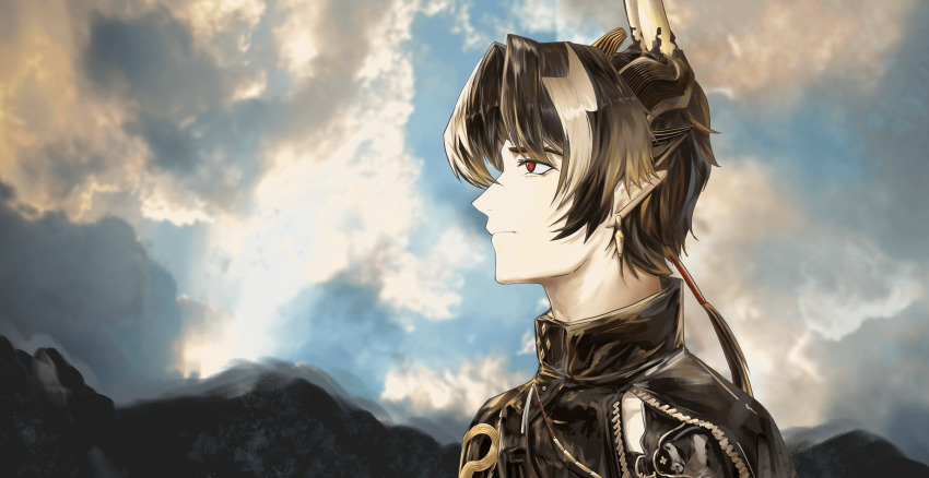 1boy absurdres albtraum animated animated_gif arknights blonde_hair brown_hair chinese_commentary chongyue_(arknights) closed_mouth cloud commentary_request day earrings from_side grey_hair high_collar highres horns jewelry long_hair looking_afar male_focus multicolored_hair non-repeating_animation outdoors pointy_ears portrait profile red_eyes solo wind