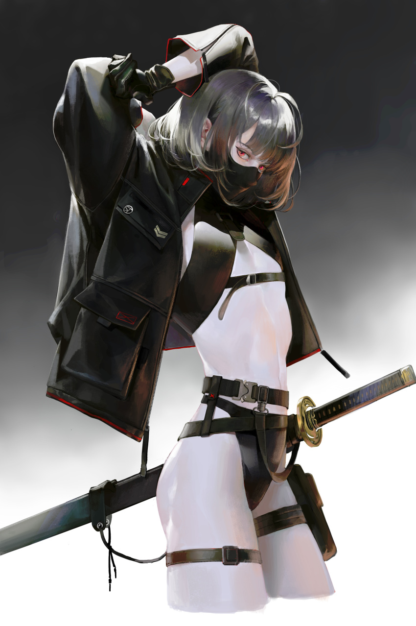 1girl absurdres arms_up belt belt_buckle bikini black_bikini black_gloves black_hair black_jacket black_mask black_straps bob_cut buckle cowboy_shot eyeliner flat_chest from_side gloves gradient_background halterneck highres jacket katana lapel_pin makeup mask medium_hair mouth_mask navel open_clothes open_jacket original pouch red_eyes scabbard sheath sheathed solo stretching swimsuit sword taak_choi thigh_pouch thigh_strap thighs weapon