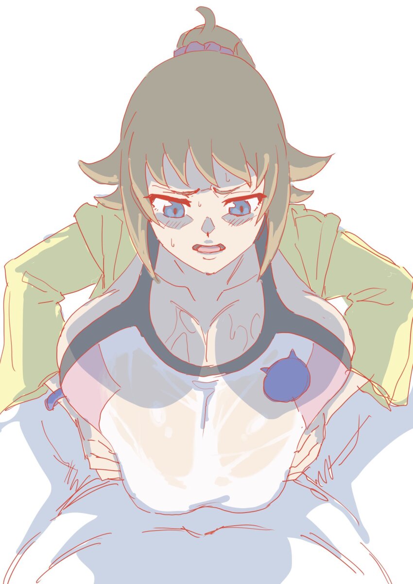 1girl blue_eyes breasts brown_hair cleavage grabbing_own_breast gundam gundam_build_fighters gundam_build_fighters_try highres hoshino_fumina huge_breasts iwao178 medium_hair paizuri ponytail pov sports_bra