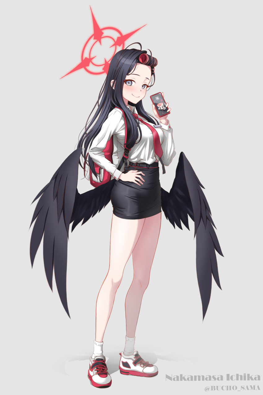 1girl absurdres backpack bag black_hair black_wings blue_archive blush breasts bucho_sama cellphone commentary feathered_wings forehead full_body grey_eyes halo hand_on_own_hip highres holding holding_phone ichika_(blue_archive) large_variant_set long_hair looking_at_viewer medium_breasts mixed-language_commentary necktie pencil_skirt phone school_uniform shoes simple_background skirt smartphone smile sneakers socks solo variant_set white_socks wings