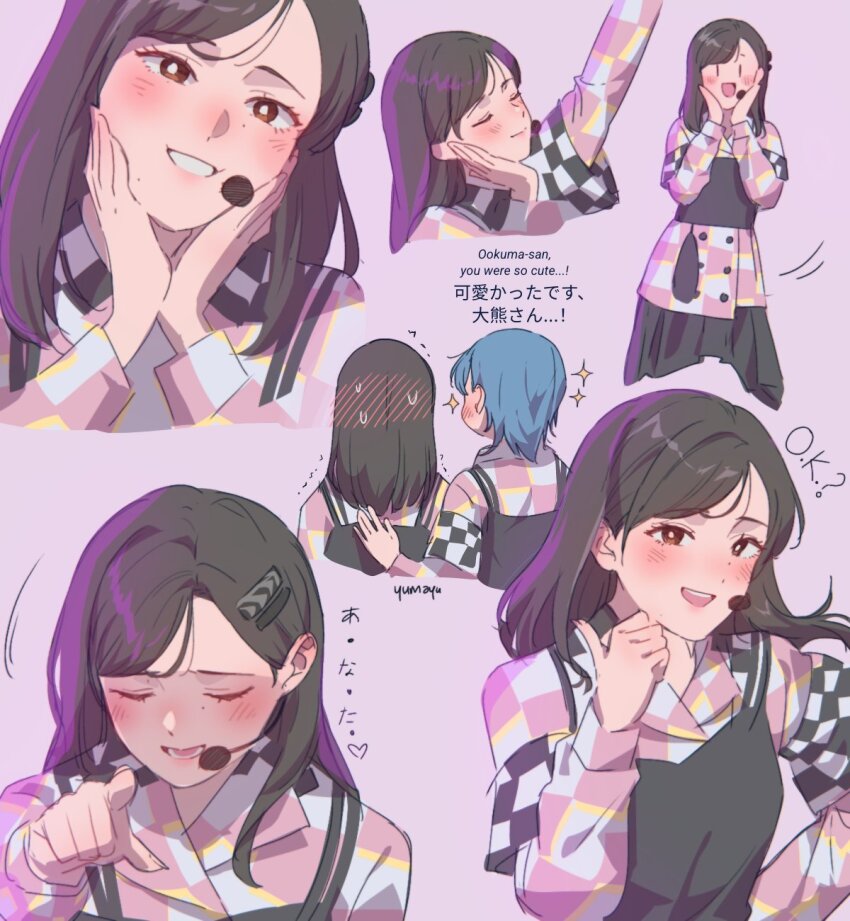 2girls :d ai_scream!_(love_live!) animification arm_up artist_name bilingual_text black_hair blue_hair blush blush_visible_through_hair checkered_clothes checkered_dress closed_eyes commentary_request dress embarrassed english_text grin hair_ornament hairclip hands_on_own_cheeks hands_on_own_face headset highres let&#039;s_be_one_(love_live!) long_hair long_sleeves love_live! love_live!_series_asia_tour_2024 love_live!_superstar!! lower_teeth_only mixed-language_text multiple_girls multiple_views nose_blush official_alternate_costume ookuma_wakana open_mouth pink_dress purple_background real_life short_hair signature simple_background smile sparkle swept_bangs teeth thumbs_up translation_request trembling u_u voice_actor voice_actor_connection wakana_shiki yumayu |_|