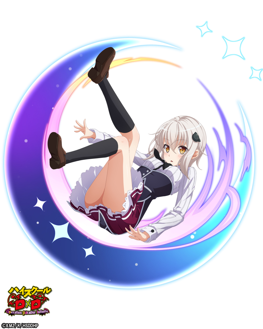 1girl :o absurdres black_corset black_ribbon black_socks blush brown_shoes cat_hair_ornament copyright_name copyright_notice corset frilled_skirt frills full_body hair_ornament high_school_dxd high_school_dxd_operation_paradise_infinity highres kneehighs kuoh_academy_school_uniform legs_up long_sleeves looking_at_viewer medium_hair miniskirt neck_ribbon official_art pleated_skirt purple_skirt ribbon school_uniform shirt shoes skirt socks solo thighs toujou_koneko white_hair white_shirt yellow_eyes