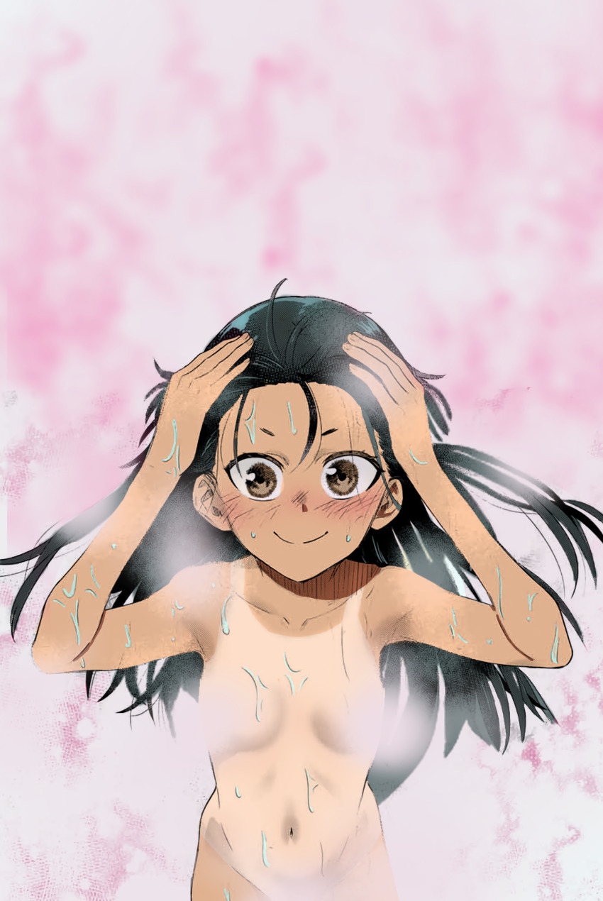 1girl 774_(nanashi) absurdres bathing black_hair blush breasts brown_eyes colorized completely_nude dark-skinned_female dark_skin highres ijiranaide_nagatoro-san nagatoro_hayase navel nude potato_lld small_breasts smile solo tan tanline third-party_edit washing_hair water_drop