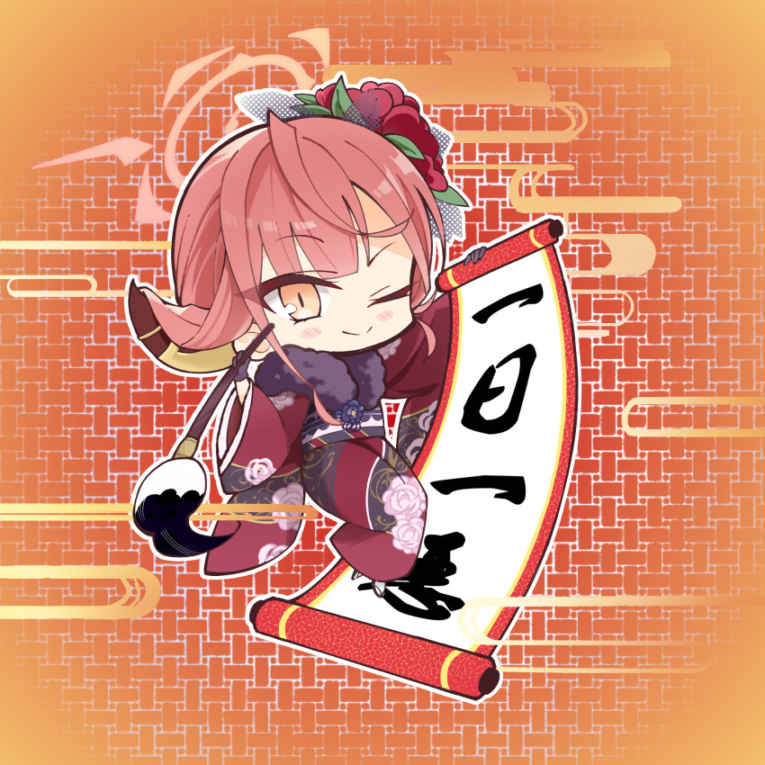 1girl ;) aru_(blue_archive) aru_(new_year)_(blue_archive) blue_archive blunt_bangs blush_stickers calligraphy_brush chibi closed_mouth commentary demon_girl demon_horns floral_print floral_print_kimono flower full_body fur-trimmed_kimono fur_trim furisode fuyou_lev hair_flower hair_on_horn hair_ornament halo hands_up highres holding holding_calligraphy_brush holding_paintbrush holding_scroll horns ink japanese_clothes kanzashi kimono leaf_hair_ornament long_hair long_sleeves looking_at_viewer official_alternate_costume one_eye_closed orange_background orange_eyes paintbrush pink_hair pink_halo print_kimono red_flower red_kimono scroll simple_background slit_pupils smile solo v-shaped_eyebrows wide_sleeves