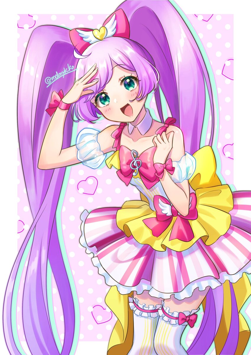 1girl :d ahoge arm_up bare_shoulders blue_eyes border bow detached_collar detached_sleeves dress feet_out_of_frame hair_bow hand_up highres idol_clothes long_hair looking_at_viewer manaka_laala mendamen multicolored_dress open_mouth pink_background pink_bow polka_dot polka_dot_background pretty_series pripara puffy_detached_sleeves puffy_sleeves purple_hair smile solo standing thighhighs treble_clef twintails very_long_hair white_border white_thighhighs