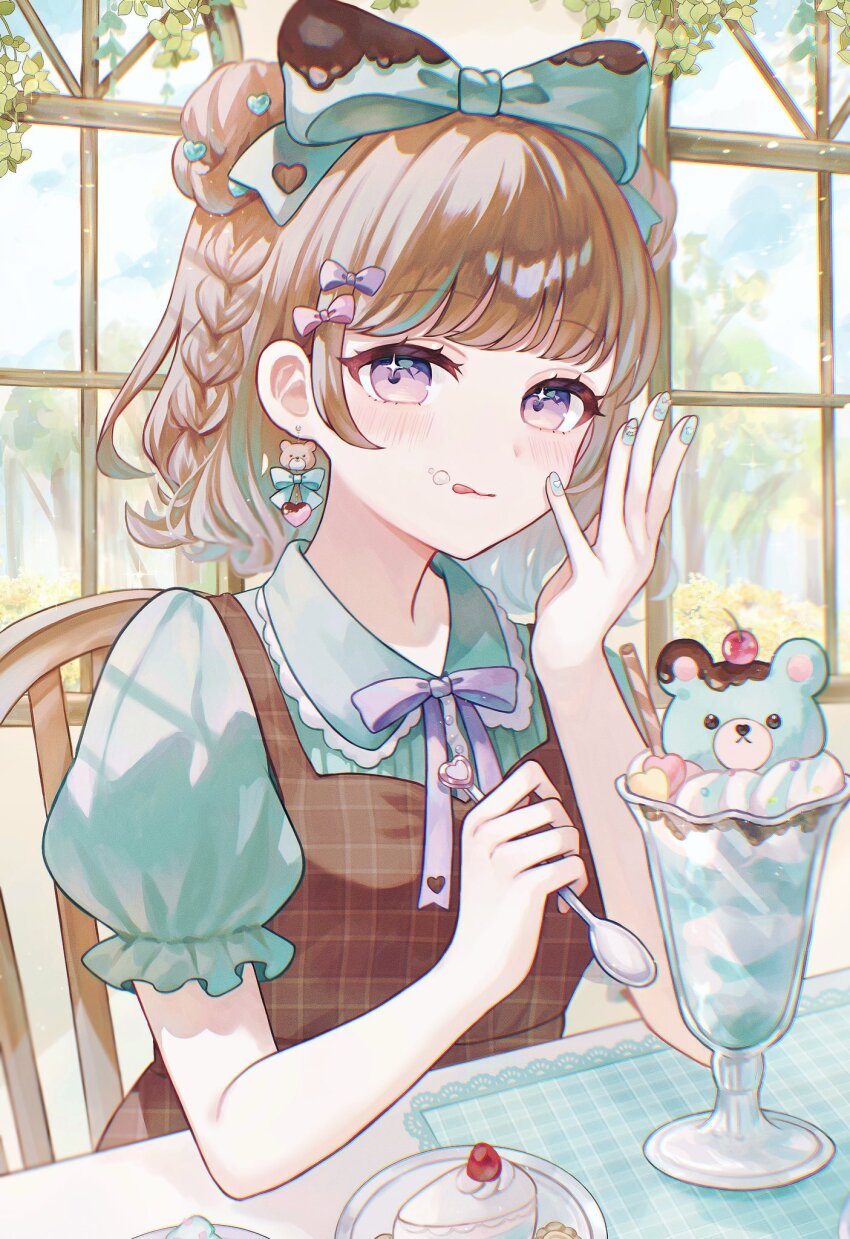 1girl blue_nails bow bowtie brown_dress brown_hair closed_mouth collared_shirt commentary cup dress drinking_glass earrings english_commentary food frilled_sleeves frills green_bow green_shirt hair_bow highres ice_cream ilis_0226 indoors jewelry looking_at_viewer nail_polish original pinafore_dress pink_bow plaid_clothes plaid_dress purple_bow purple_bowtie purple_eyes shirt short_hair short_sleeves sleeveless sleeveless_dress solo tongue tongue_out upper_body