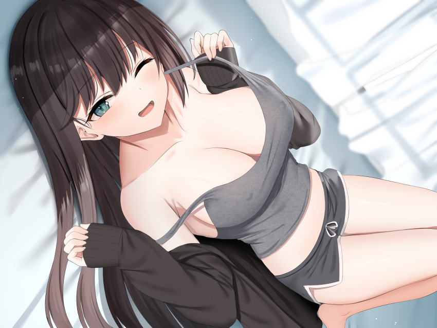 absurdres barefoot bed bed_sheet black_hair black_jacket blue_eyes blurry blurry_background blush breasts camisole collarbone covered_erect_nipples curtains dolphin_shorts feet grey_camisole grey_shorts highres indoors jacket kanikou knees_up large_breasts logo long_sleeves looking_at_viewer lying non-web_source open_mouth original short_shorts shorts smile strap_slip window