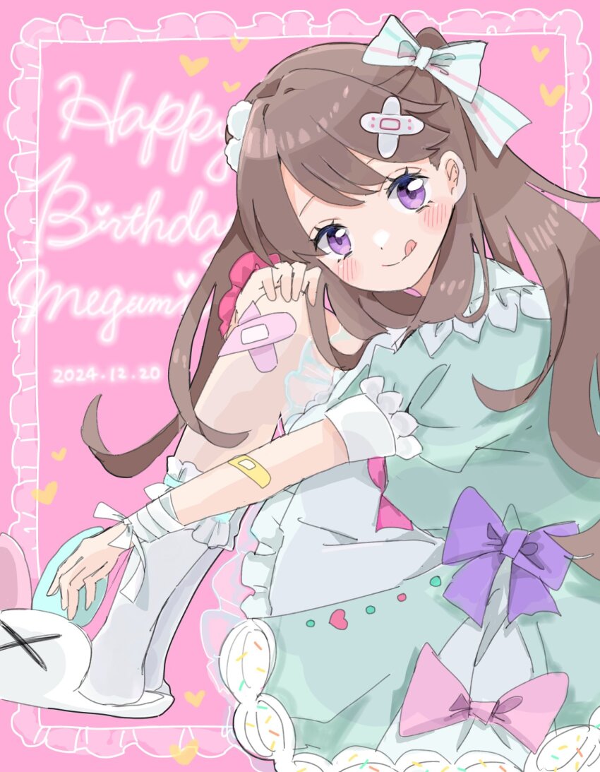 1girl :q animal_slippers aqua_dress bandaid bandaid_hair_ornament blush brown_hair character_name closed_mouth commentary_request crossed_bandaids dated dress frilled_dress frilled_socks frills fujishima_megumi full_body hair_bobbles hair_ornament hair_ribbon hakuchu_a_la_mode happy_birthday highres knees_up link!_like!_love_live! long_hair looking_at_viewer love_live! medium_dress momoi_shigeki official_alternate_costume pink_background puffy_short_sleeves puffy_sleeves purple_eyes ribbon short_sleeves sitting slippers smile socks solo split_mouth striped_ribbon tongue tongue_out two_side_up virtual_youtuber white_ribbon white_slippers white_socks