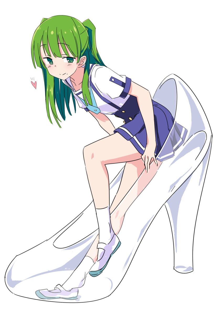 1girl absurdres atsumare!_fushigi_kenkyuubu commentary_request full_body glass_slipper green_eyes green_hair high-waist_skirt highres kawagishi_keitarou miniskirt mole mole_under_mouth okazaki_masashi oversized_object pleated_skirt right_shoe_removed shirt shoe_dangle shoes skirt socks solo suspender_skirt suspenders two_side_up white_shirt white_shoes white_socks