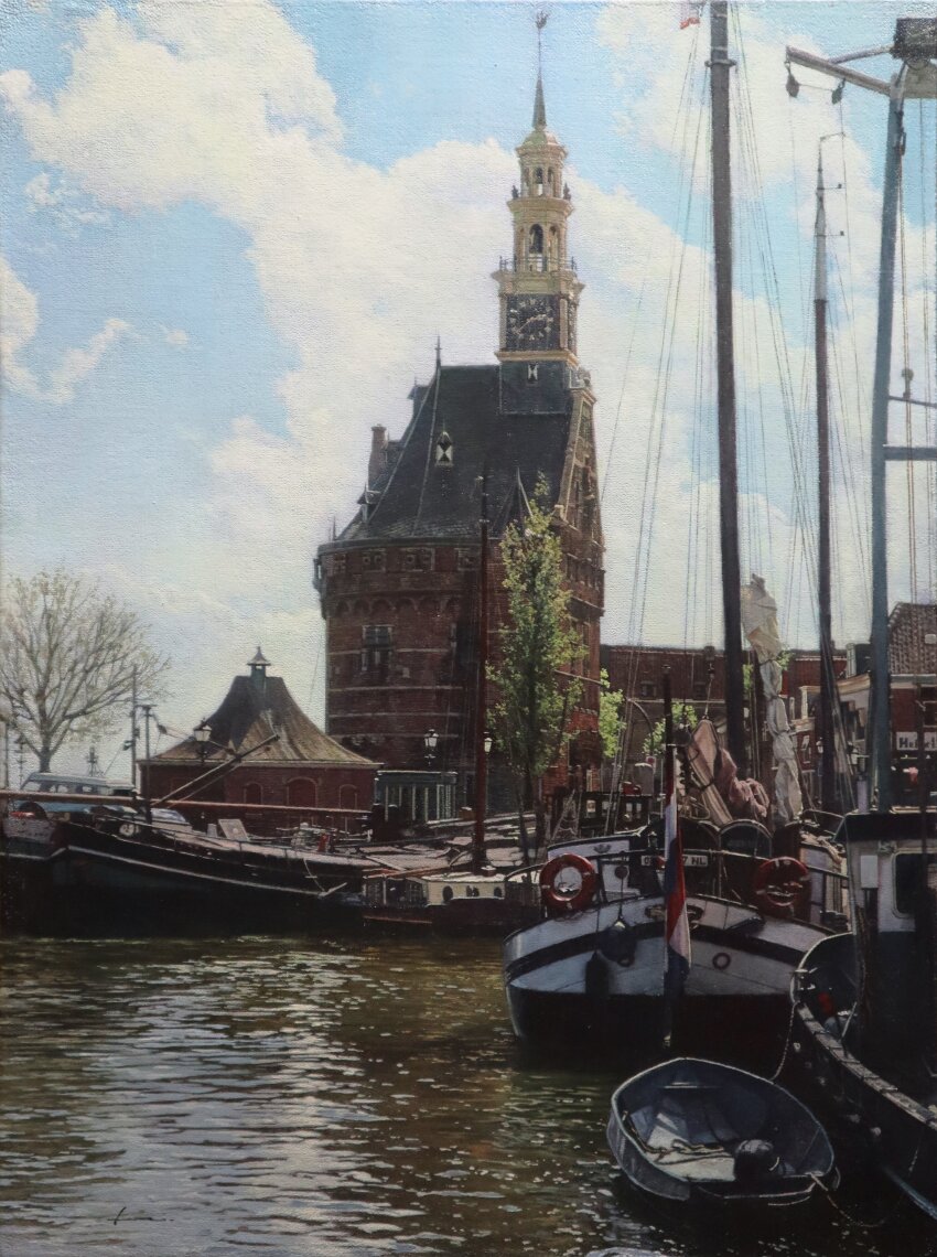 absurdres bare_tree blue_sky building clock clock_tower cloud cloudy_sky highres house naohiro_ito no_humans original painting_(medium) river scenery sky sunlight tower town traditional_media tree water