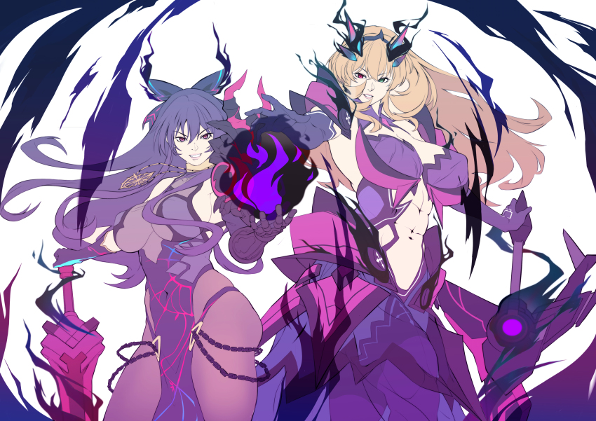 2girls abs absurdres armor ass aura barghest_(fate) blonde_hair bodysuit bow breasts cosplay costume_switch covered_navel dark_aura date_a_live dress fate/grand_order fate_(series) green_eyes hair_bow hair_ornament heterochromia highres huge_breasts inoue_marina long_dress multiple_girls muscular muscular_female nanashi_(cht48621) orb outstretched_hand purple_hair red_eyes simple_background sword thighs voice_actor_connection weapon white_background wide_hips yatogami_tohka