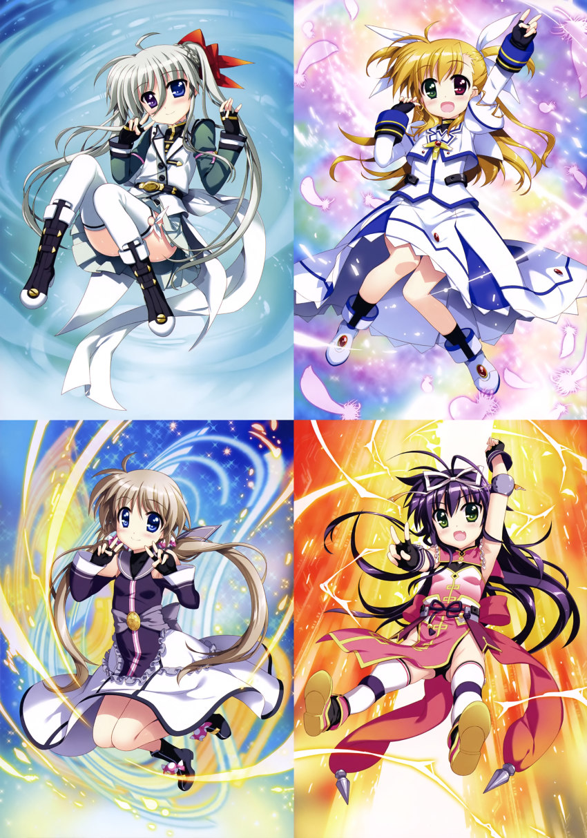 4girls absurdres antenna_hair arm_up black_eyes black_gloves black_legwear blonde_hair blue_eyes breasts brown_hair child convenient_leg corona_timir cosplay detached_sleeves double_v dress einhard_stratos eyebrows fingerless_gloves fujima_takuya gloves green_eyes grey_hair hair_between_eyes hair_ribbon highres long_hair lyrical_nanoha magical_girl mahou_shoujo_lyrical_nanoha mahou_shoujo_lyrical_nanoha_vivid multiple_girls official_art open_mouth purple_eyes red_eyes ribbon rio_wezley small_breasts socks takamachi_nanoha takamachi_nanoha_(cosplay) takamachi_nanoha_(movie_1st_mode) thighhighs twintails two_side_up v very_long_hair vivio white_legwear white_ribbon