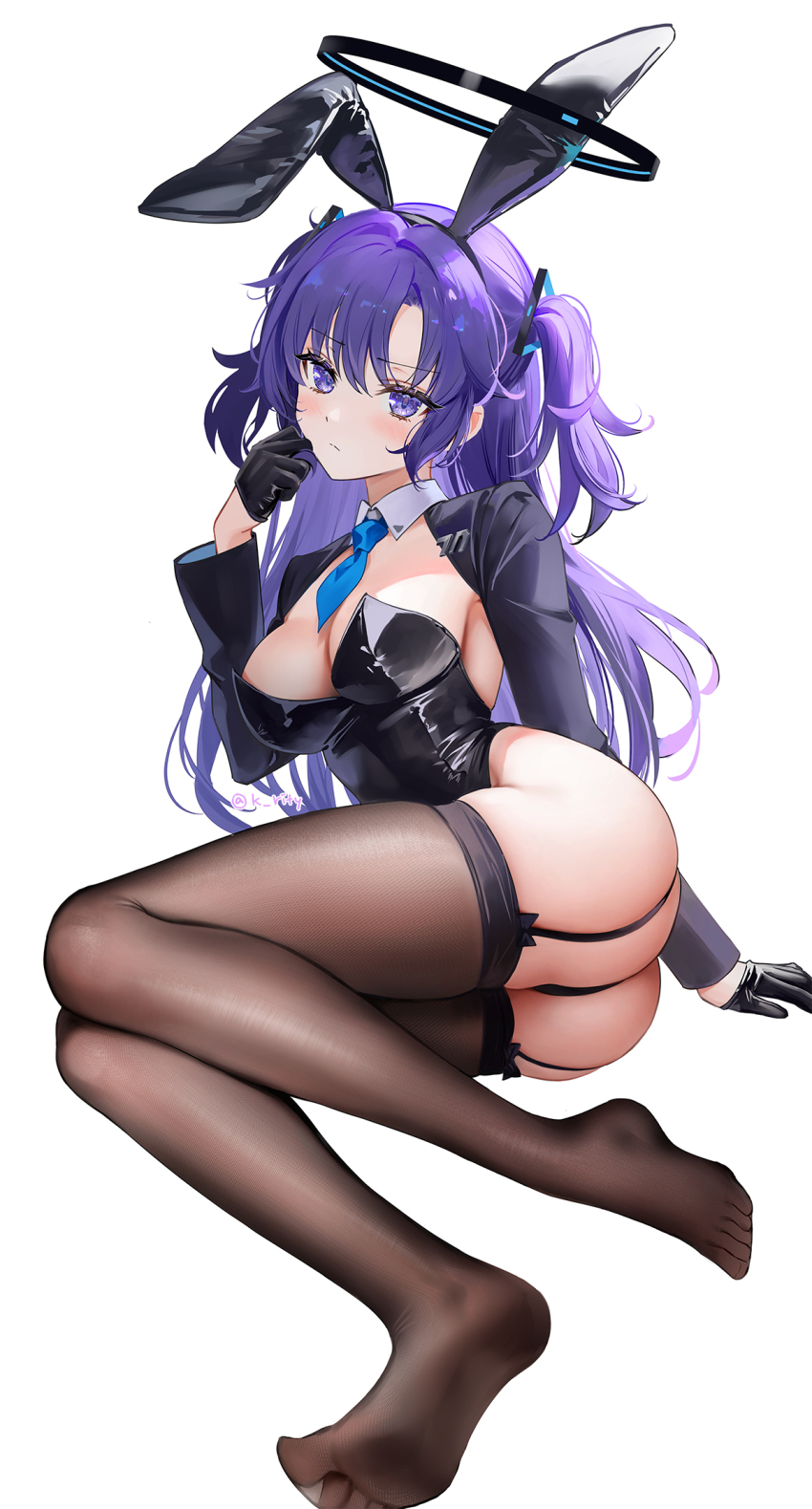 1girl alternate_costume animal_ears ass bad_id bad_twitter_id black_garter_straps black_gloves black_leotard blue_archive blue_necktie bow_legwear breasts brown_thighhighs closed_mouth detached_collar full_body garter_straps gloves hair_ornament halo highres large_breasts leotard long_hair lying necktie on_side playboy_bunny purple_eyes purple_hair rabbit_ears rity shrug_(clothing) simple_background solo thighhighs triangle_hair_ornament two_side_up white_background yuuka_(blue_archive)