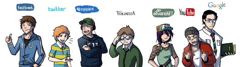 ^^^ 1girl 6+boys absurdres baseball_cap beanie belt black_hair blonde_hair brown_hair censored child choker cowlick deviantart elontirien facebook fingerless_gloves fishnets freckles glasses gloves google hat headphones highres hood hoodie internet_university jacket jewelry logo long_image middle_finger mosaic_censoring multiple_boys myspace necklace necktie opaque_glasses open_mouth orange_hair personification purple_hair smile sweater thumbs_up track_jacket twitter wide_image wikipedia youtube