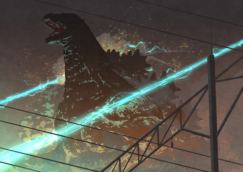 dinosaur energy energy_beam giant giant_monster godzilla godzilla_(series) godzilla_vs._king_ghidorah highres kaiju maser maser_beam monster night no_humans open_mouth overhead_line peroringa roaring sea_monster sharp_teeth smoke sparks spikes teeth toho tongue