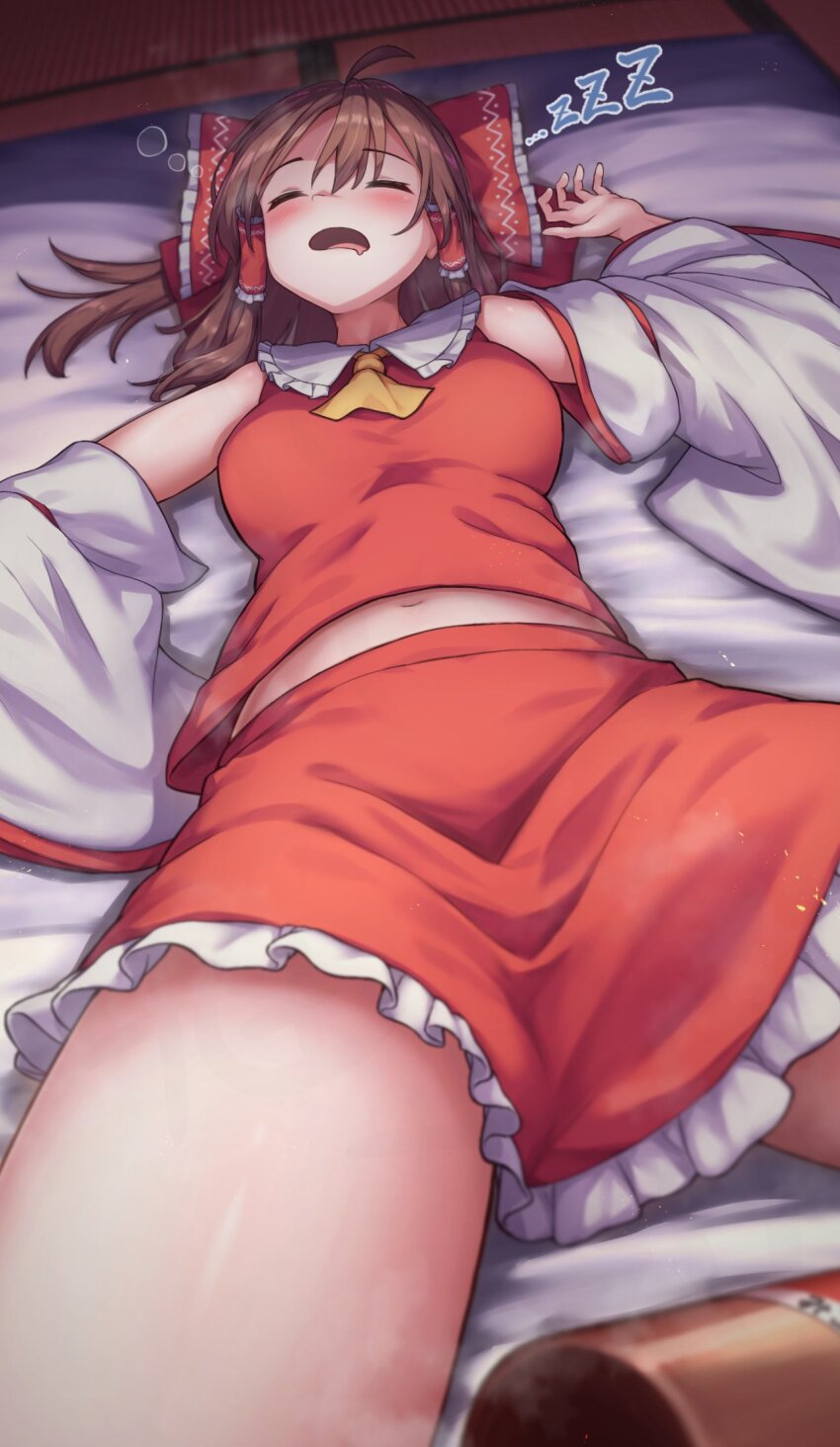 1girl ascot blush bottle bow breasts brown_hair closed_eyes commentary_request detached_sleeves frilled_bow frilled_hair_tubes frills futon hair_bow hair_tubes hakurei_reimu highres long_hair lying navel on_back open_mouth red_bow red_skirt skirt skirt_set sleeping solo squeans thighs touhou yellow_ascot yosshy zzz