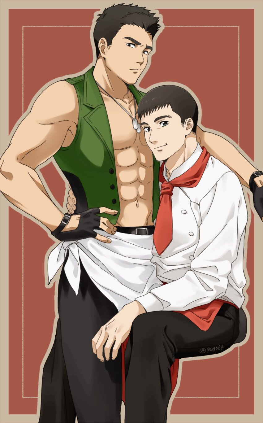 9wgt64 abs ao_isami apron arm_around_shoulder bare_pectorals black_hair black_pants brown_hair chef closed_mouth dog_tags feet_out_of_frame fingerless_gloves gloves green_vest hand_on_another&#039;s_waist highres inset_border light_smile looking_at_viewer male_focus navel outline pants pectorals pink_outline red_background red_scarf ryuji_satake scarf shirt short_hair sitting sleeveless toned toned_male twitter_username uniform vest waist_apron white_shirt yuuki_bakuhatsu_bang_bravern