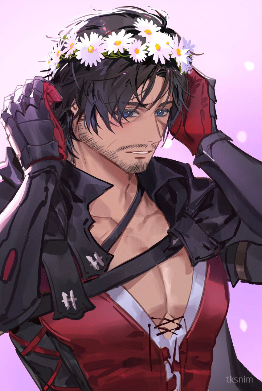 1boy absurdres beard black_cape blue_eyes cape chinstrap_beard clive_rosfield drawstring facial_hair final_fantasy final_fantasy_xvi flower_wreath gauntlets head_wreath highres looking_at_viewer pink_background scar scar_on_face solo tied_drawstring tk_(tksnim) upper_body