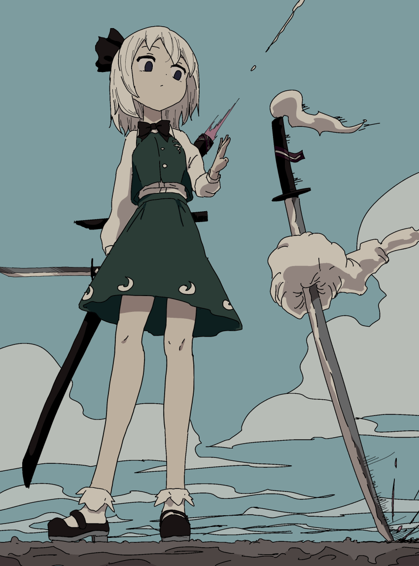 1girl absurdres black_bow black_bowtie black_shoes blue_sky bow bowtie cloud dot_nose dress green_dress highres holding holding_sword holding_weapon katana konpaku_youmu konpaku_youmu_(ghost) legs long_sleeves outdoors pinafore_dress sheath shoes sky sleeveless sleeveless_dress solo standing sword touhou uzou_(uzooooooooo) wakizashi weapon white_hair