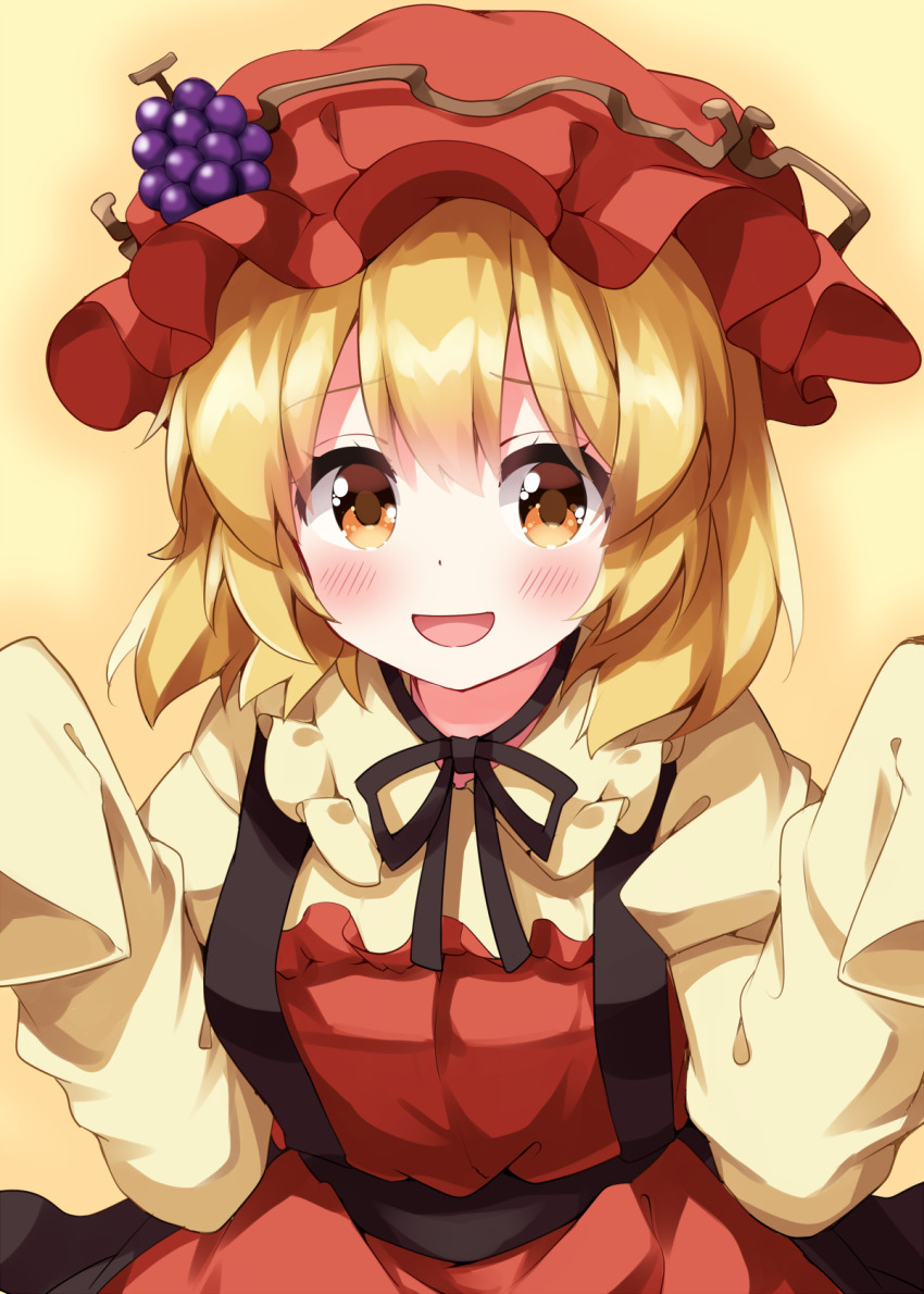 1girl :d aki_minoriko apron black_ribbon blonde_hair blouse blush collared_shirt commentary cowboy_shot dress food fruit grape_hat_ornament grapes hands_up hat hat_ornament highres looking_at_viewer medium_hair mob_cap neck_ribbon open_mouth orange_dress orange_hat pinafore_dress red_apron ribbon ruu_(tksymkw) shirt simple_background sleeveless sleeveless_dress sleeves_past_fingers sleeves_past_wrists smile solo touhou yellow_background yellow_eyes yellow_shirt