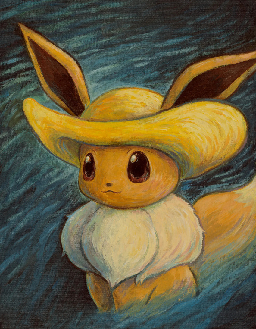 :3 absurdres animal_focus brown_eyes closed_mouth clothed_pokemon eevee gen_1_pokemon hat highres nintendo no_humans official_art pokemon pokemon_(creature) pokemon_focus smile solo sowsow straw_hat third-party_source van_gogh_self-portrait vincent_van_gogh_(style)