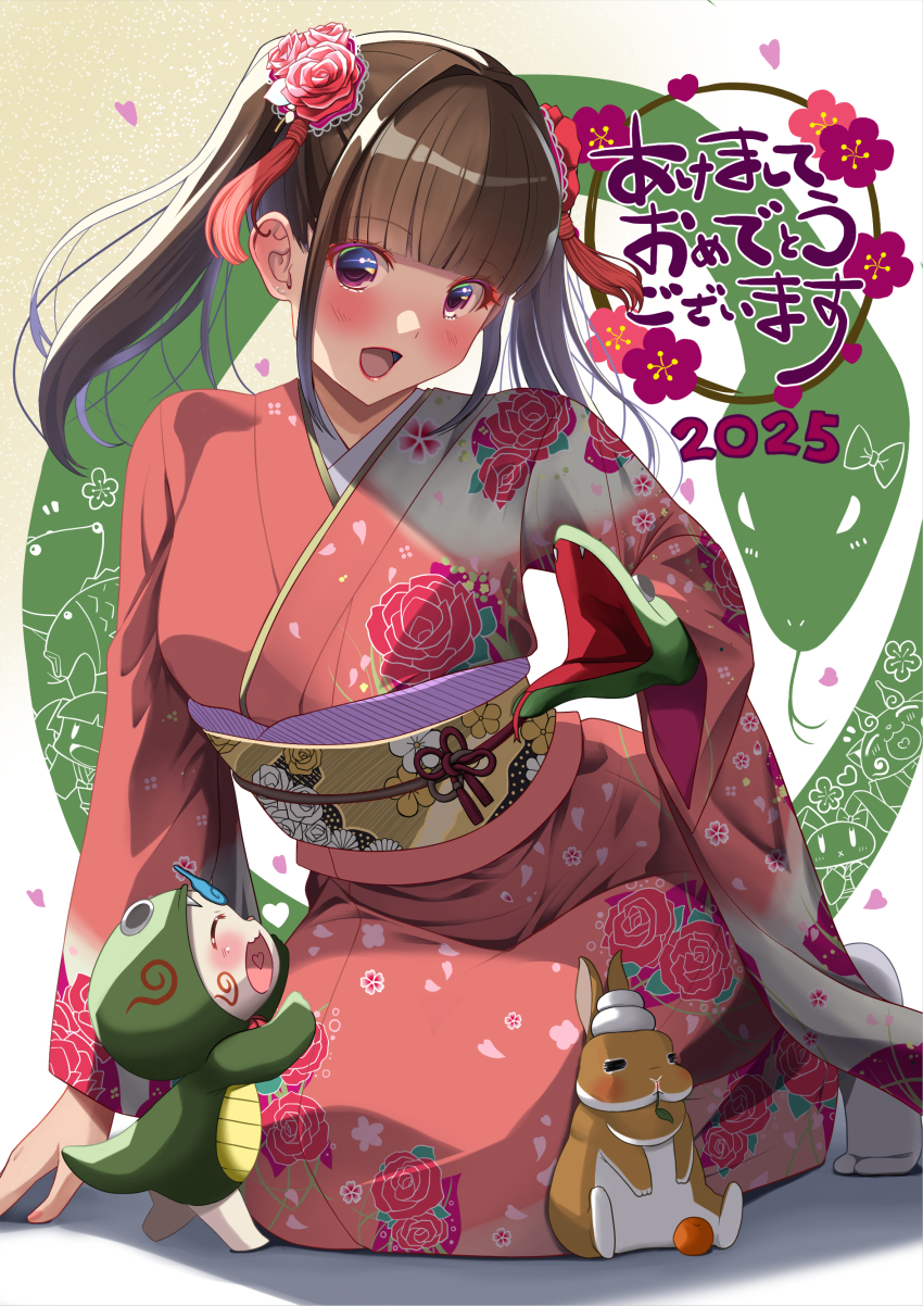 1girl 2025 :d absurdres akihiro0920 ankle_socks blunt_bangs blush brown_hair collarbone commentary_request dragon floral_print floral_print_kimono flower geta gradient_background hair_flower hair_ornament hand_up highres japanese_clothes kimono kneeling komasan long_hair looking_at_viewer nengajou new_year open_mouth original parted_lips pleated_skirt print_kimono purple_eyes rabbit red_kimono red_skirt sidelocks skirt smile snake snake_puppet socks solo tamura_yukari twintails white_socks wide_sleeves