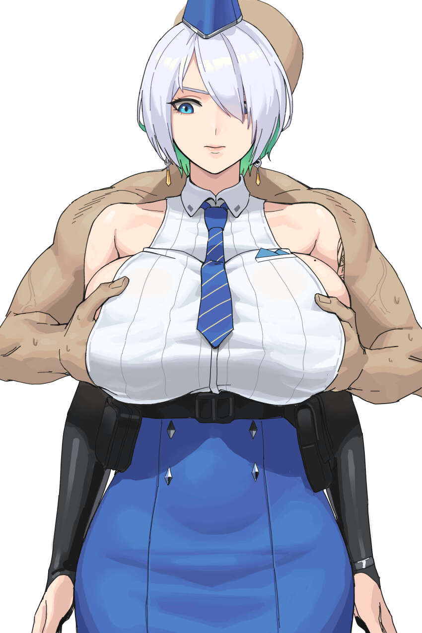 1boy 1girl absurdres black_gloves blue_eyes blue_hat blue_necktie blue_skirt breasts brid_(nikke) bridal_gauntlets colored_inner_hair earrings fingerless_gloves gloves goddess_of_victory:_nikke grabbing_another&#039;s_breast grabbing_from_behind green_hair grey_hair groping hair_over_one_eye hat highres jewelry ksksksa large_breasts looking_down mole mole_on_breast multicolored_hair necktie shirt short_hair sideboob skirt white_shirt