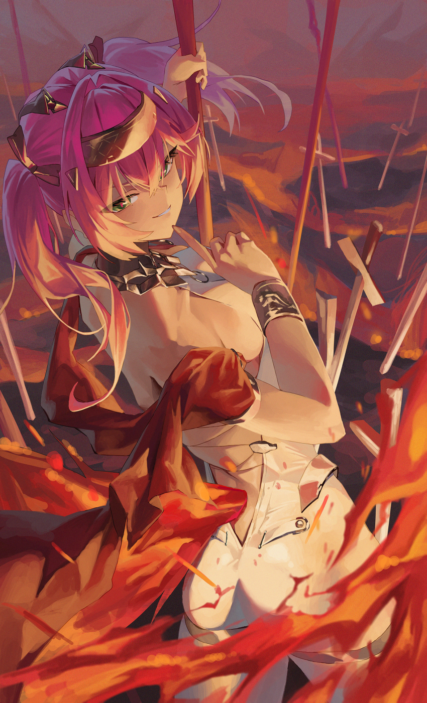 1girl absurdres ass back breasts collar commentary_request cowboy_shot from_behind hairband hand_up highres index_finger_raised long_hair lupa_(wuthering_waves) medium_breasts metal_collar metal_hairband momo_(2240807) pink_hair planted planted_sword planted_weapon red_sash sash solo sword tail weapon wolf_tail wuthering_waves