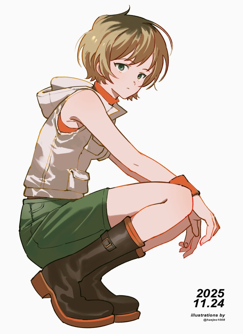 1girl absurdres artist_name blonde_hair boots brown_boots commentary dated full_body green_eyes green_skirt haejeo1008 heather_mason highres hood hooded_vest hoodie silent_hill_(series) silent_hill_3 simple_background sitting skirt solo squatting twitter_username vest white_background white_vest