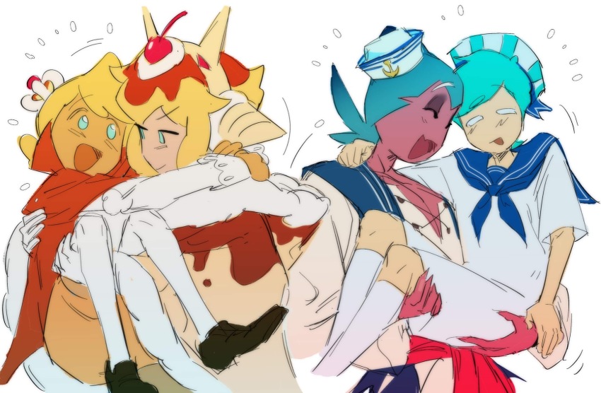 4boys alternate_costume anchor_symbol aqua_eyes aqua_hair arm_on_another&#039;s_shoulder arms_around_another&#039;s_neck arms_around_neck bandana bandana_around_waist bell_sleeves black_footwear blonde_hair blouse blue_eyes blue_hair blue_hat blue_sailor_collar boater_hat bridal_style brown_cape cape carrying carrying_person cherry_hair_ornament closed_eyes closed_mouth collarbone colored_skin cookie_run cowboy_shot crown custard_cookie_iii cyan_eyes earmuffs fangs fin fingernails flying_sweatdrops food-themed_hair_ornament food-themed_hat fur-trimmed_cape fur_trim furrowed_brow gloves gold gradient_hair hair_ornament half-closed_eyes hat high_collar highres holding hug humanization lace-up_top long_sleeves looking_at_another looking_to_the_side male_focus multicolored_hair multiple_boys official_alternate_costume open_mouth orange_cape pale_skin pants parted_bangs peppermint_cookie personification pink_skin poncho princess_carry raised_eyebrow red_bandana red_hair red_sash ribbon_hat ribbon_trim sailor_collar sailor_hat sailor_uniform sash shark_boy shark_fin sharp_fingernails shell shirt shoes short_hair short_sleeves shorts sidelocks simple_background skin_fangs smile smug sorbet_shark_cookie split_bangs strawberry_crepe_cookie striped_clothes striped_hat tagme thighhighs two-tone_cape two-tone_hair two-tone_hat vest white_background white_gloves white_hat white_shirt white_shorts white_stripe white_stripes white_thighhighs white_vest yaoi yellow_cape yellow_crown yellow_shorts