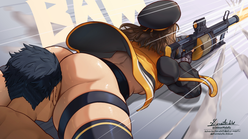 1boy 1girl anis_(nikke) ass backboob black_hair black_jacket black_shorts black_thighhighs breasts brown_hair commentary doktor_malefic english_commentary face_in_crotch firing goddess_of_victory:_nikke grenade_launcher highres holding holding_weapon jacket lying micro_shorts motion_lines multicolored_jacket on_stomach short_hair shorts signature thighhighs two-tone_jacket weapon yellow_jacket