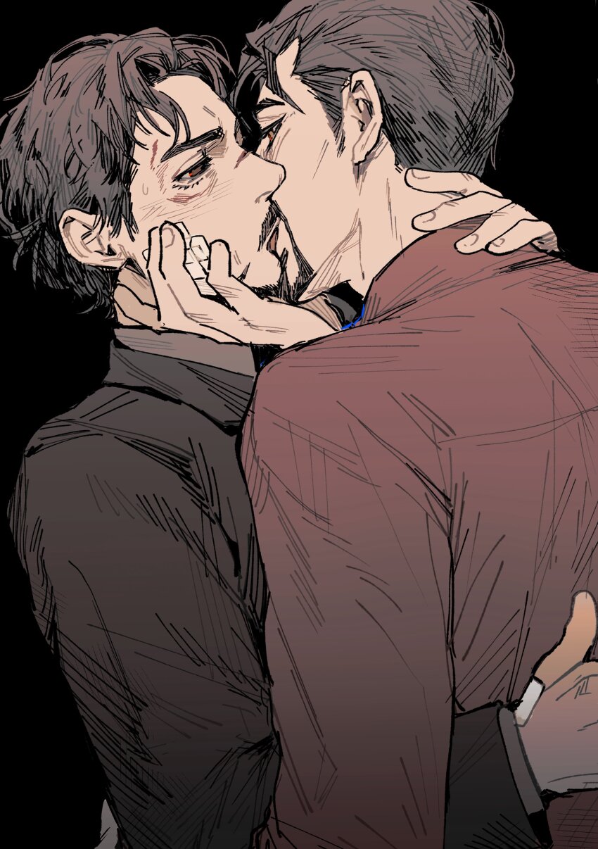 2boys absurdres avengers_(series) back bandaid bandaid_on_face black_background black_hair black_jacket brown_eyes collared_jacket dual_persona facial_hair fingernails french_kiss hand_around_neck hand_around_waist hand_on_another&#039;s_face highres iron_man_(2008) iron_man_(series) jacket kiss long_sleeves looking_at_another male_focus marvel marvel_cinematic_universe multiple_boys red_shirt selfcest shirt short_hair simple_background suit_jacket sweatdrop the_avengers:_earth&#039;s_mightiest_heroes! thendsherly tony_stark yaoi
