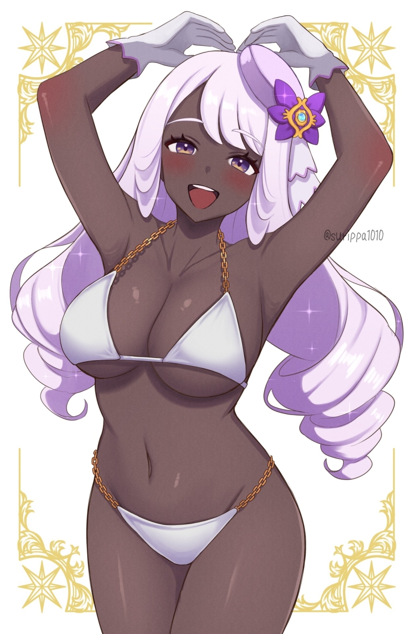 1girl :d arms_up bikini breasts dark-skinned_female dark_skin gloves hat highres jacinthe_(pokemon) large_breasts long_hair looking_at_viewer mini_hat navel nintendo open_mouth pokemon pokemon_legends:_z-a purple_eyes purple_hair smile solo stomach surippa1010 swimsuit very_dark_skin very_long_hair white_bikini white_gloves
