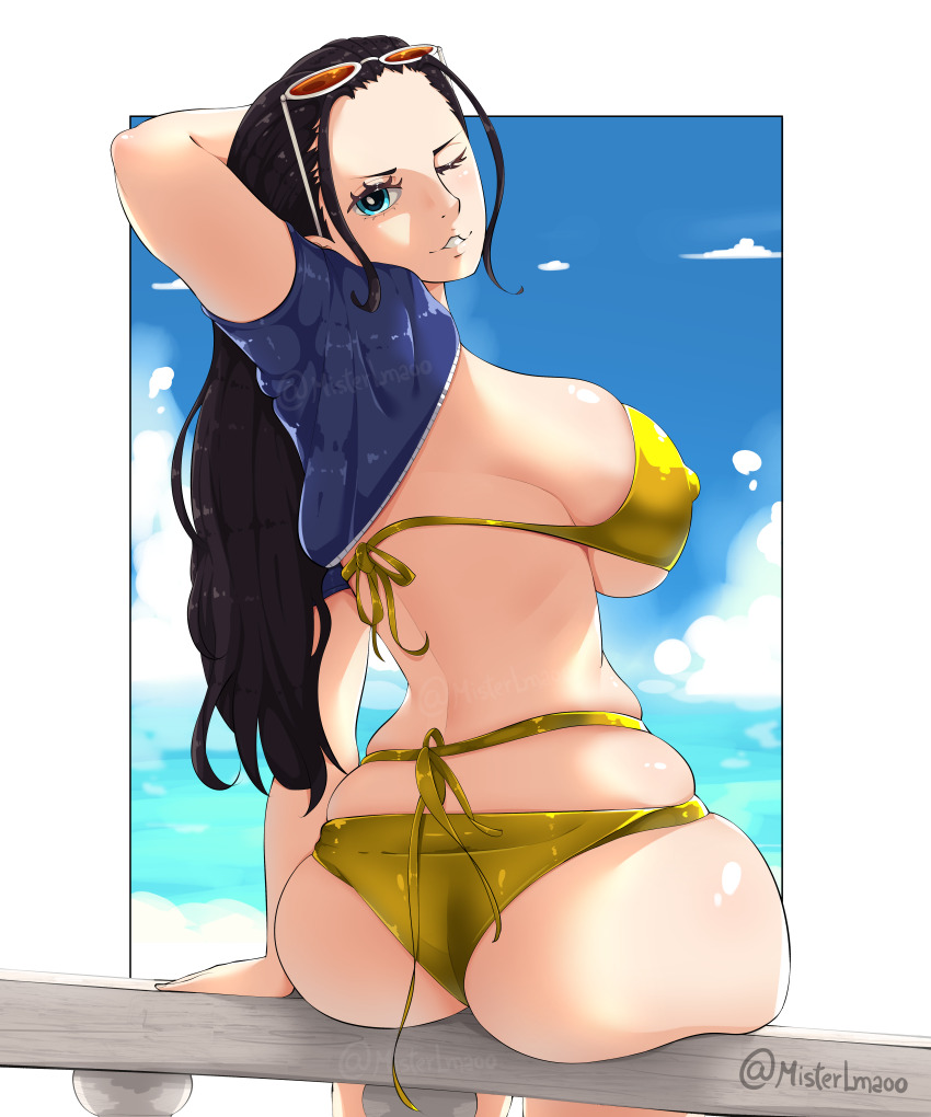 1girl absurdres adapted_costume arm_behind_head artist_name ass bikini black_hair blue_eyes blue_sky border breasts cloud cloudy_sky covered_erect_nipples cowboy_shot cropped_jacket facing_viewer gold_bikini highres jacket large_breasts long_hair looking_at_viewer mrlmao nico_robin nico_robin_(return_to_sabaody) one_eye_closed one_piece outside_border railing short-sleeved_jacket short_sleeves sitting sky white_border wooden_railing zipper