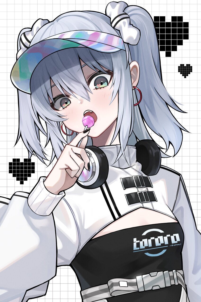 1girl absurdres aqua_eyes black_nails blush candy commentary cropped_jacket earrings fang food grey_hair hashtag-only_commentary headphones headphones_around_neck heart highres holding holding_candy holding_food holding_lollipop indie_virtual_youtuber jacket jewelry lollipop looking_at_viewer nekomugi_tororo open_mouth solo teeth two_side_up virtual_youtuber visor_cap white_background white_jacket ziu