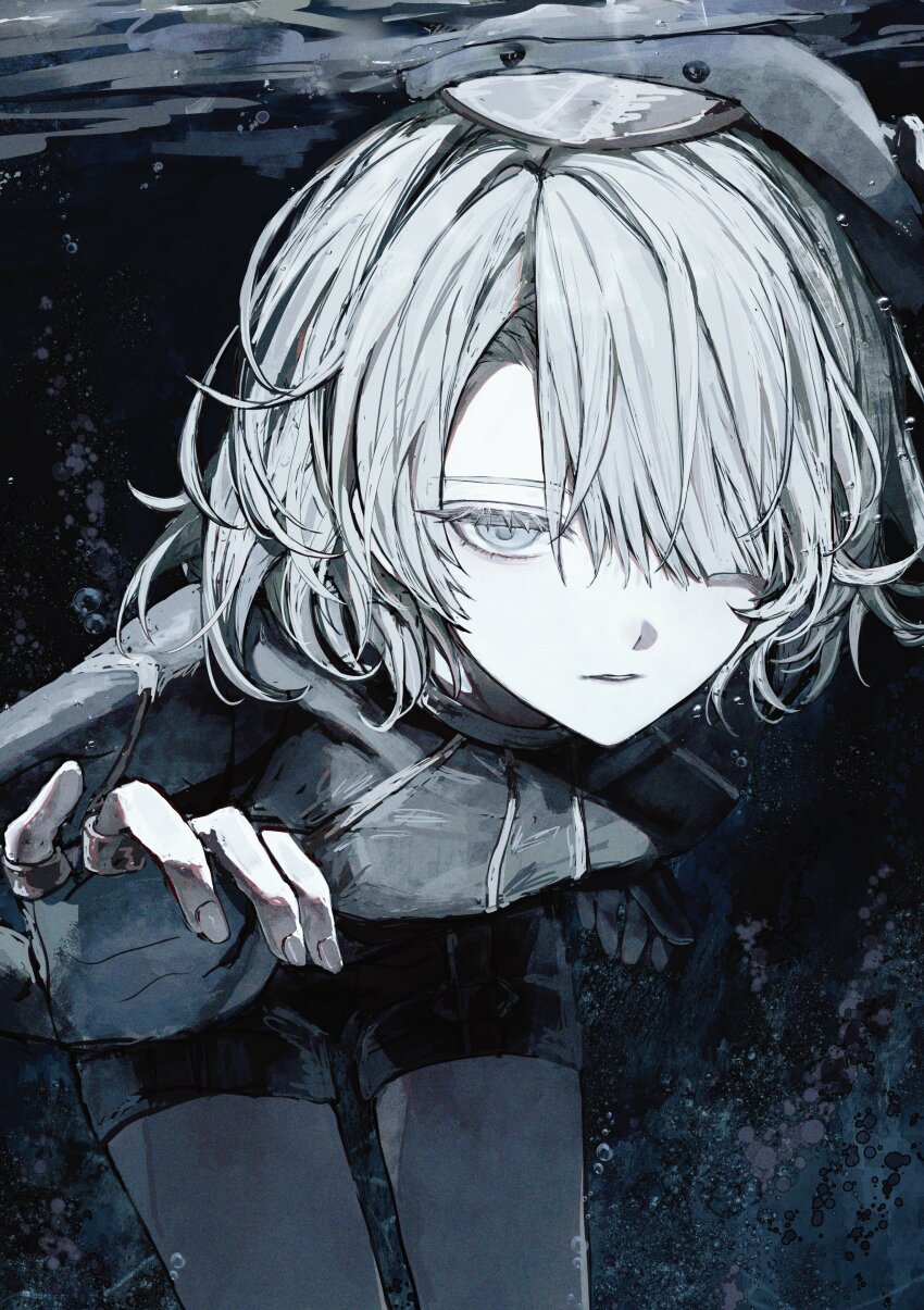 1boy absurdres air_bubble blue_eyes bubble commentary_request fingerless_gloves freminet_(genshin_impact) genshin_impact gloves hair_over_one_eye highres koumimi looking_at_viewer short_hair solo tagme underwater