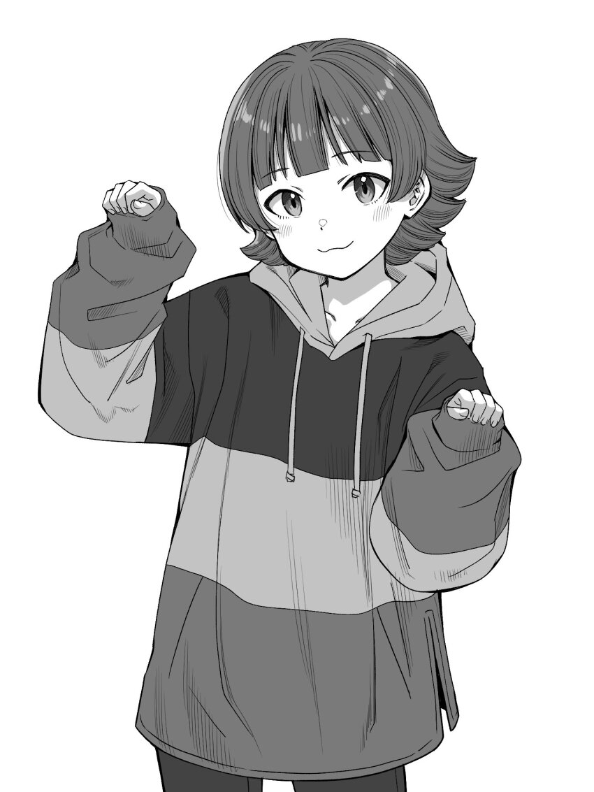 1girl :3 blush borrowed_clothes commentary_request cowboy_shot flipped_hair greyscale hands_up highres hood hoodie idolmaster idolmaster_million_live! light_smile long_sleeves looking_at_viewer matcha_kingyo monochrome multicolored_hoodie nonohara_akane short_hair simple_background solo white_background