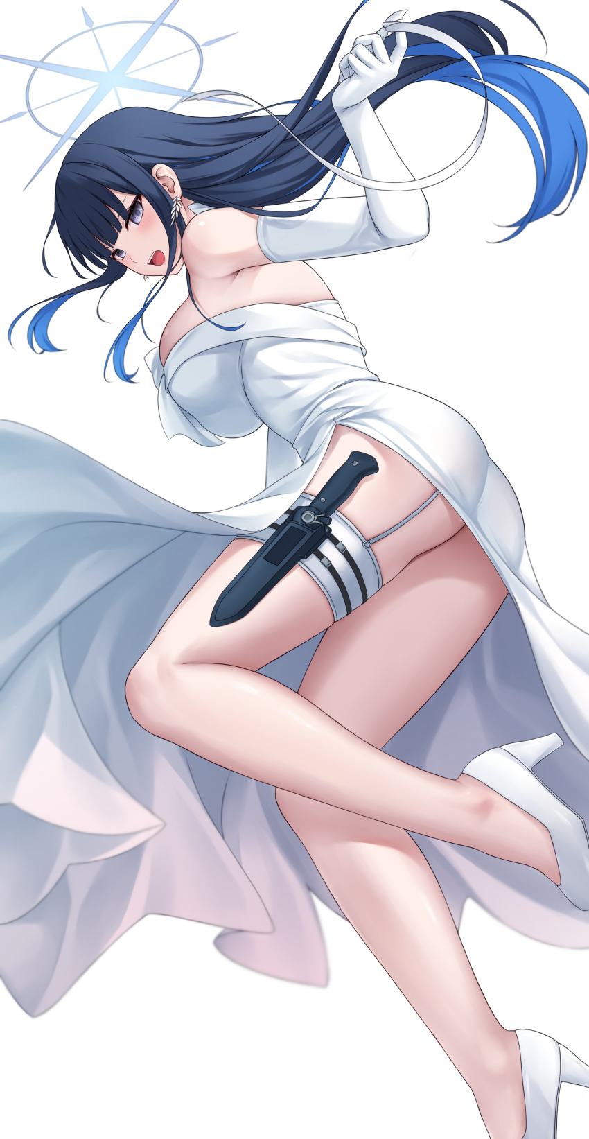 1girl absurdres ass black_hair blue_archive blue_halo blush breasts chien_zero colored_inner_hair dress earrings elbow_gloves gloves grey_eyes halo high_heels highres jewelry large_breasts long_hair multicolored_hair open_mouth saori_(blue_archive) saori_(dress)_(blue_archive) simple_background solo strapless strapless_dress white_background white_dress white_footwear white_gloves